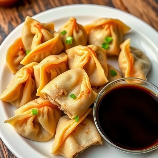 Savory Beef Dumplings Recipe Plate of steaming beef dumplings with green onions and soy sauce.